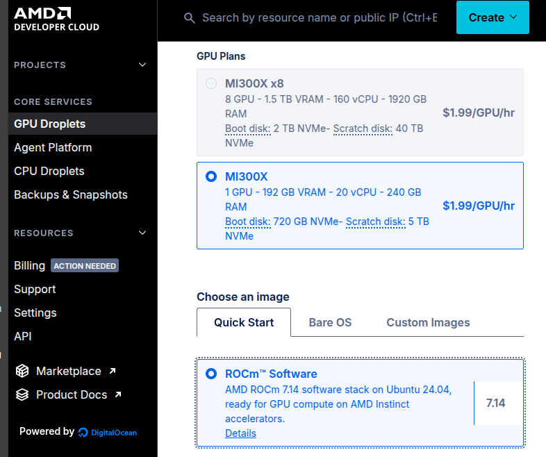 AMD Developer Cloud GPU droplet creation screen showing the single MI300X plan with 192GB VRAM